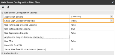 The Web Server Configuration dialog box has a grid with row headings that have a gray background with black text and can be expanded to display fields with a white background and black text. In this example, in the Web Server Configuration Settings section, Single Sign On Identity Provider is highlighted.